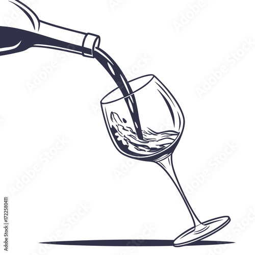 Elegant illustration of dark red wine being poured from a bottle into a clear wine glass