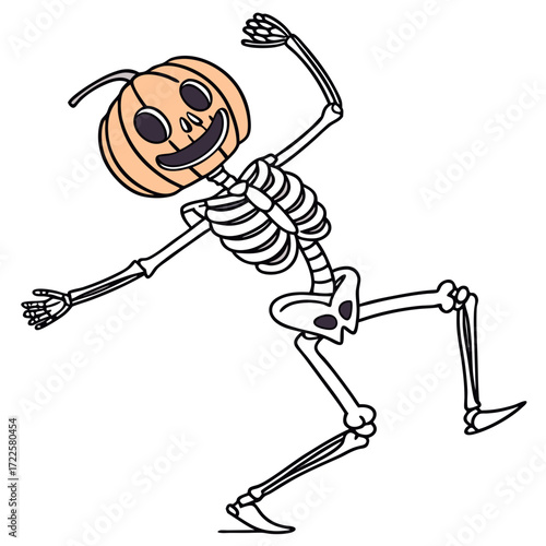 Funny cartoon pumpkin skeleton dancing happily with a spooky smile for halloween