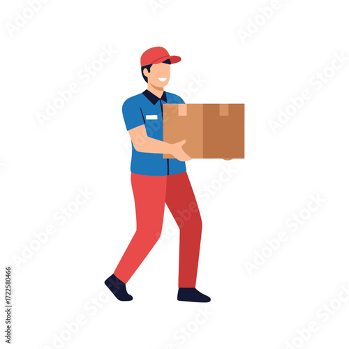 Delivery man carrying cardboard box package for shipping and logistics vector