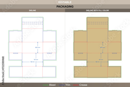 Open cardboard box dieline for mailer and shipping packaging, editable folding carton template with mockup design structure, branding options, and accurate die line details