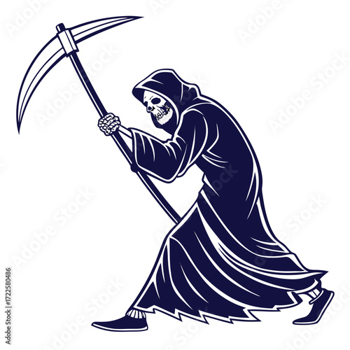 Grim reaper with scythe illustration in a dark blue silhouette on a white background