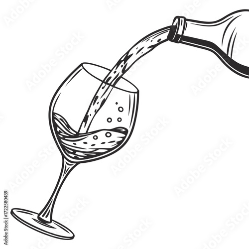 Hand drawn black and white illustration of wine being poured from a bottle into a glass