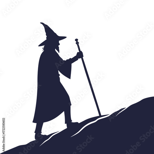 Mysterious wizard silhouette with pointed hat and staff climbing a rocky hill against a white background