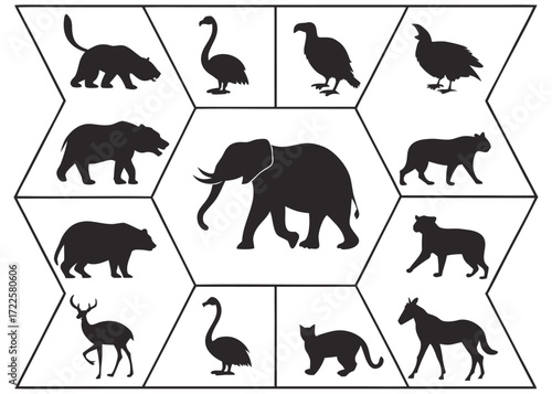 Collection of Black Animal Silhouettes in Geometric Shapes Keywords: animal, silhouette, elephant, bear, tiger, panther, leopard, cheetah, deer, horse, swan, bird, eagle, turkey, wildlife, nature