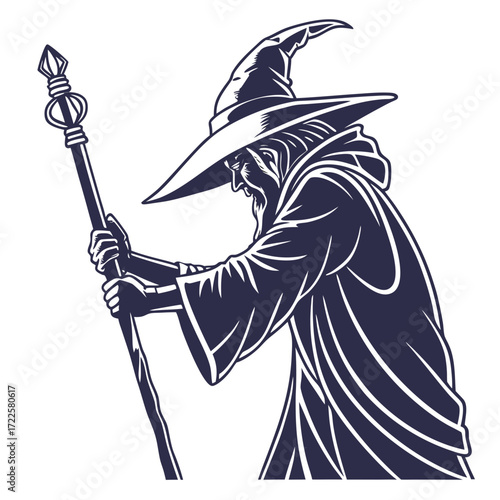 Mysterious wizard with a long beard and pointed hat holding a magical staff