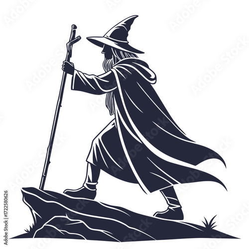 Mysterious wizard with a staff and flowing cloak standing on a rocky outcrop