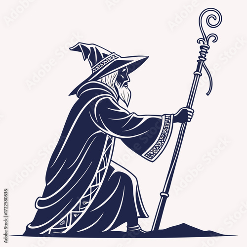 Mysterious wizard with long beard and pointed hat holding a magical staff in a dark blue silhouette