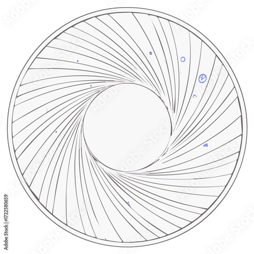 Abstract circular diaphragm aperture with swirling lines and scattered dots