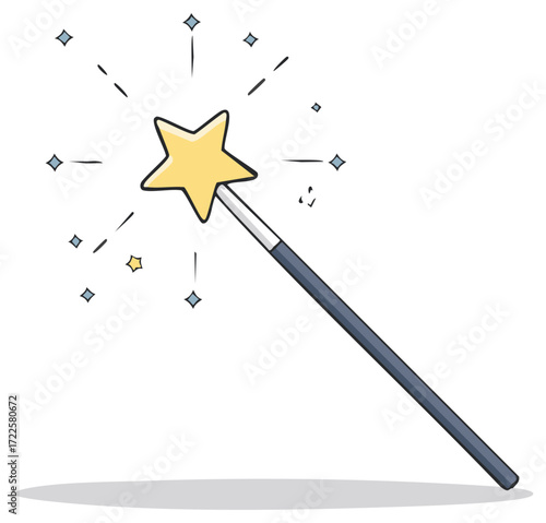 Yellow star atop a magical wand casting sparkling illusions and bright light