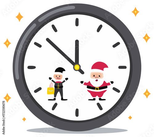 Festive holiday clock with Santa Claus and an elf preparing for Christmas gift delivery