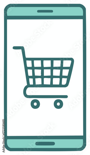 Modern Smartphone with Shopping Cart Icon Mobile Commerce Digital Retail App Teal Blue Icon Design Illustration Style
