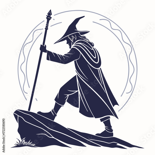 Mysterious wizard with staff and hat standing on rocky outcropping within decorative circle