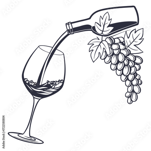 Stylized illustration of wine being poured from a bottle into a glass with grapes and leaves