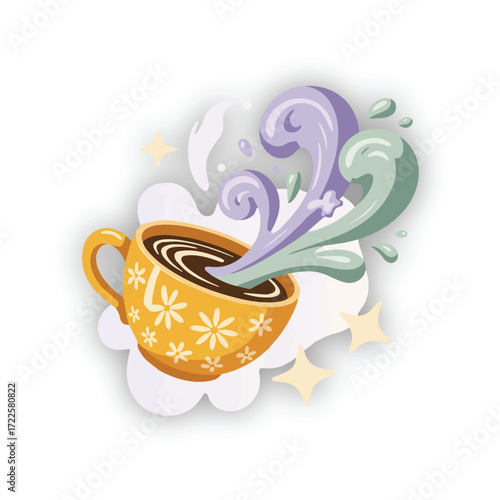 Steaming floral patterned coffee cup spreading warmth on a calm morning with soft pastel swirls and