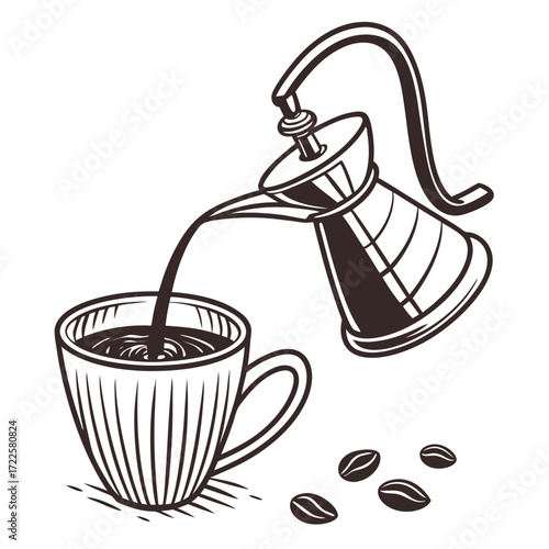 Stylized illustration of hot coffee being poured from a gooseneck kettle into a striped mug with coffee beans scattered nearby
