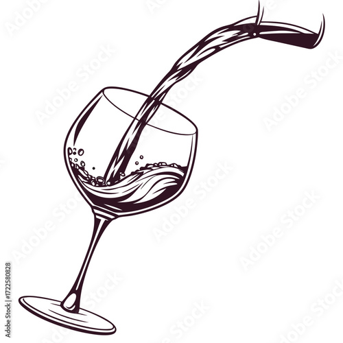 Stylized illustration of dark red wine being poured into a clear wine glass with splashing liquid and bubbles