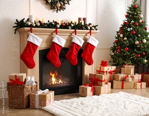 Christmas fireplace scene with stockings and presents