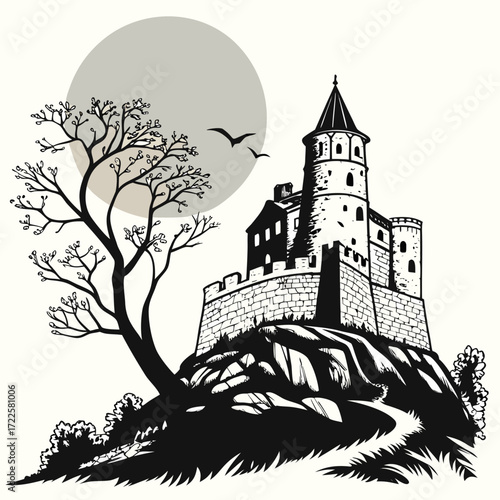 Dramatic silhouette of a medieval castle perched atop a rocky hill under a large moon with birds flying