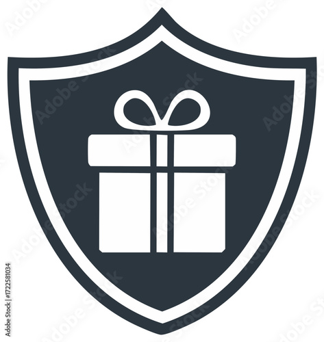 Gift box inside of a shield. Insurance, protection, and delivery symbol