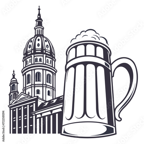 Iconic state capitol building silhouette paired with a frothy beer mug illustration