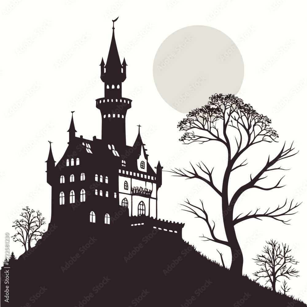 Obraz premium Silhouette of a spooky gothic castle on a hill under a large full moon with bare trees