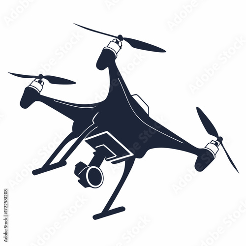 Modern quadcopter drone with camera in flight isolated silhouette on white background