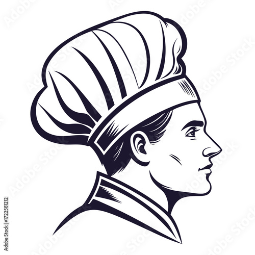 Profile of a chef wearing a traditional toque blanche hat and uniform in a stylized illustration