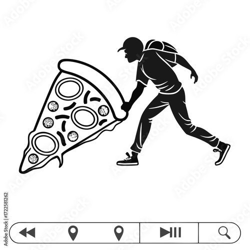 Silhouette of a pizza delivery person running with a large slice of pizza