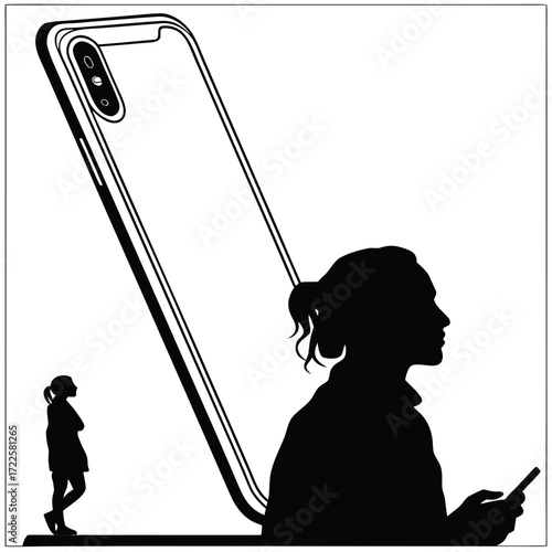 Silhouette of a woman engrossed in her smartphone with a giant smartphone looming behind her