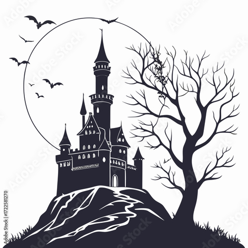 Silhouette of a spooky haunted castle on a hill with bats flying around a full moon and a bare tree