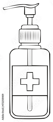 Hand sanitizer bottle illustration. Medical cross icon, pump dispenser, healthcare concept