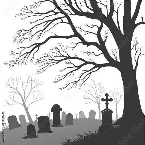Spooky graveyard scene with a large bare tree and gravestones under a white sky