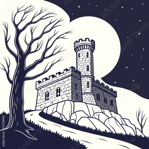 Spooky castle on a rocky hill under a large full moon with a bare tree in the foreground