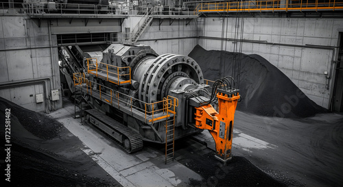 Heavy industrial crushing machine processes raw materials in a massive facility