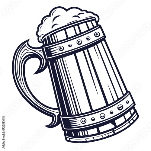 Stylized wooden beer mug filled with frothy beer isolated on white background