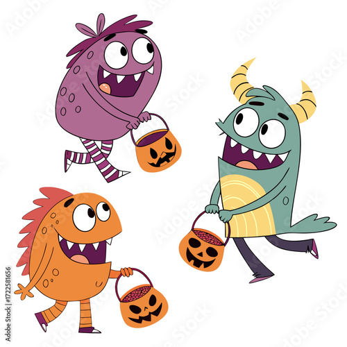 Three cute cartoon monsters trick or treating with jack o lantern candy buckets on halloween