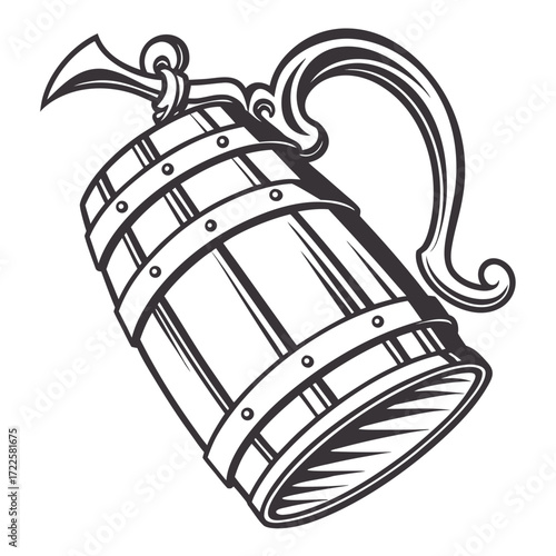 Vintage wooden beer mug with ornate handle and metal bands isolated on white background