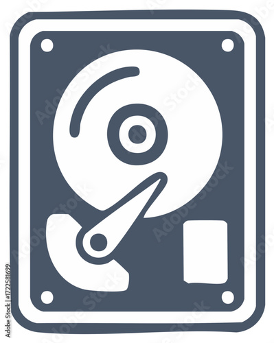 Stylized hard drive icon with platter and read-write arm for data storage