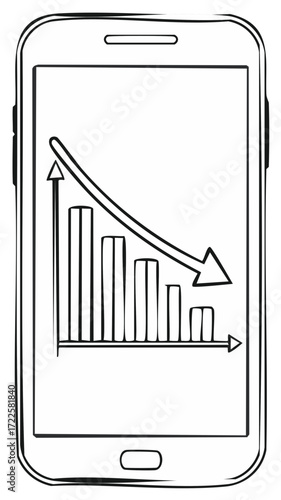 Smartphone displaying decreasing bar graph with down arrow hand drawn illustration