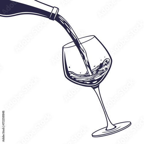 Dark blue ink sketch of red wine being poured from a bottle into a clear glass
