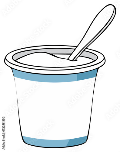 Simple line art illustration of a container of yogurt with a spoon inserted