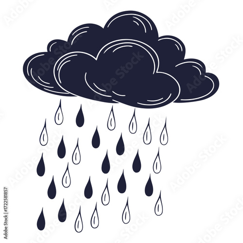 Dark storm cloud raining water drops in a simple hand drawn doodle style on white background