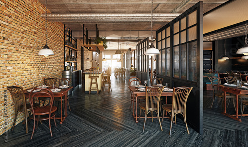 Interior of an empty industrial loft style restaurant and bar. Rustic design with exposed brick walls and wooden furniture. Commercial architectural visualization and 3D rendering.