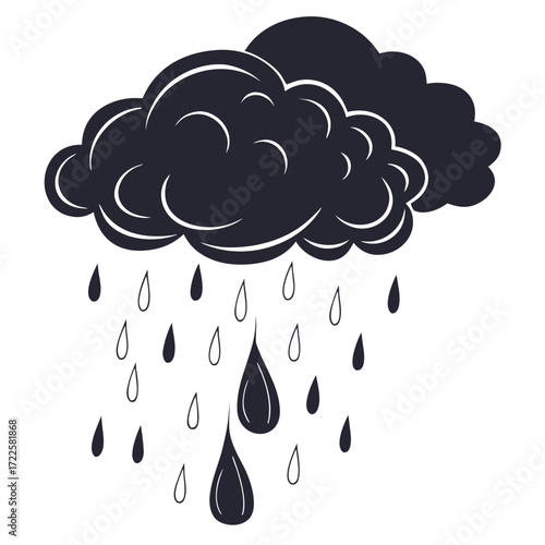 Dark storm cloud raining water drops isolated on white background simple illustration