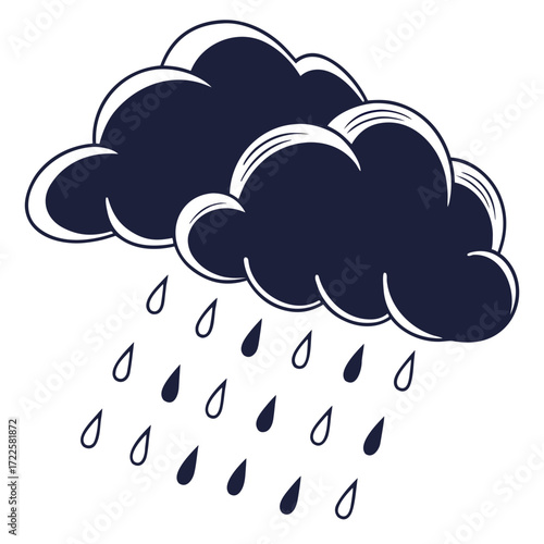 Dark stormy clouds releasing heavy rain drops in a simple graphic illustration style