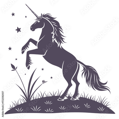 Majestic dark purple unicorn rearing up in a field of grass with stars and a butterfly