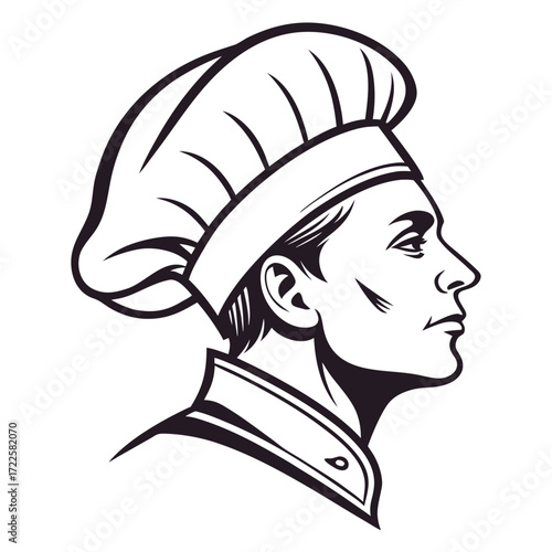Profile silhouette of a determined chef wearing a traditional toque hat and uniform