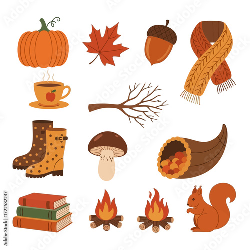 Autumn season elements collection with pumpkin, leaves, acorn, scarf, tea, branch, boots, mushroom, cornucopia, books, bonfire, and squirrel.