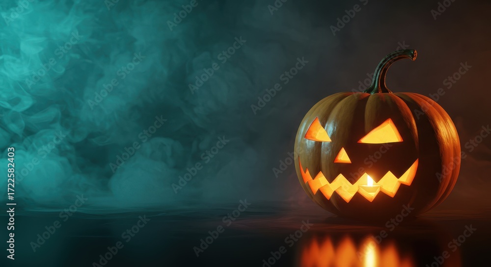 Naklejka premium Spooky Halloween Pumpkin Lantern with Glowing Face in Mystical Foggy Background