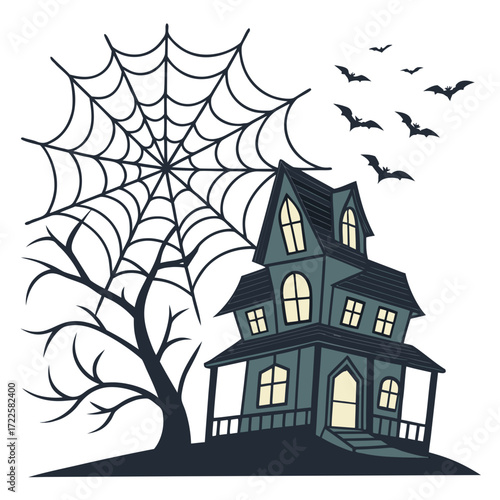 Spooky haunted house with cobwebs and bats flying in the night sky illustration